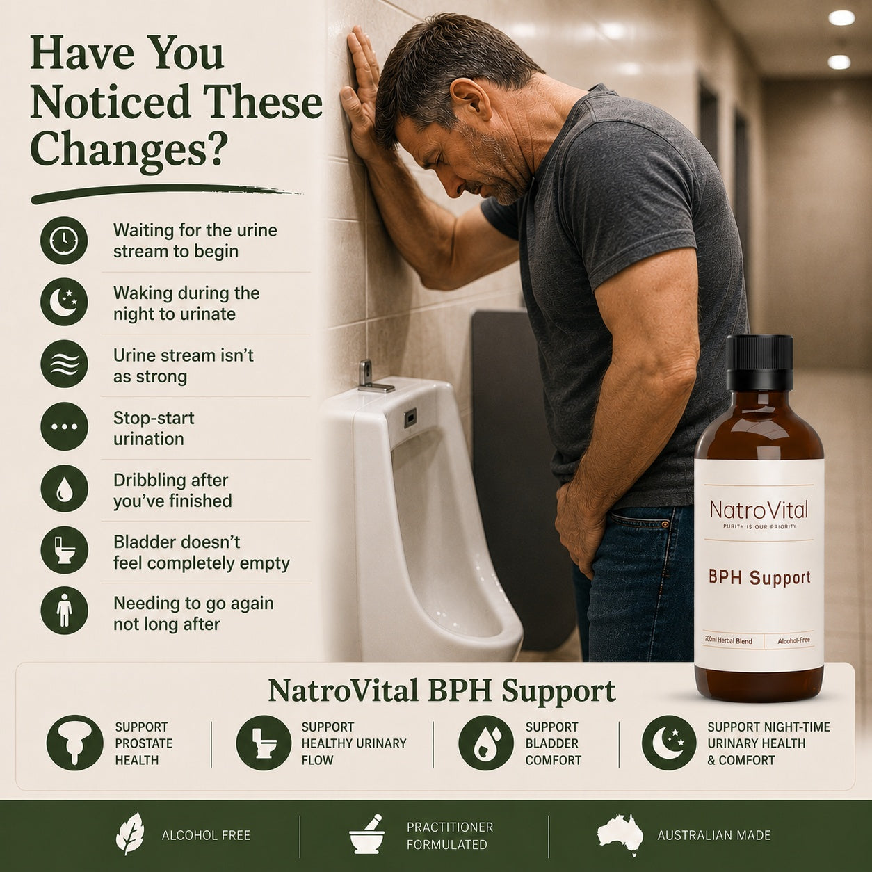 Promotional graphic for NatroVital BPH Support showing a man in a bathroom leaning on a urinal, with a bottle of the supplement displayed prominently on the right. Text on the left lists urinary symptoms, and a bottom banner highlights benefits and Australian Made production.