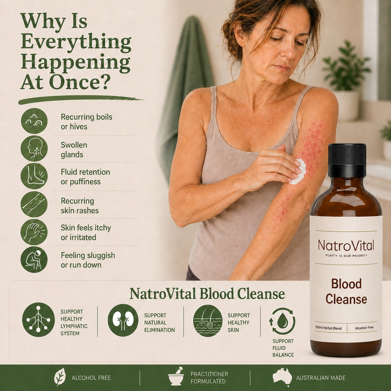 A promotional graphic for NatroVital Blood Cleanse featuring a woman applying a white pad to her arm, alongside a brown bottle of the product and text detailing common blood cleanse symptoms and benefits.