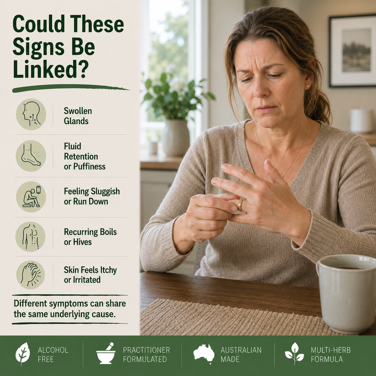 An informational marketing graphic with a woman sitting at a table holding her hands, alongside text listing symptoms like swollen glands, fluid retention, feeling sluggish, recurring boils, and skin irritation. The left side has a cream panel with dark green text and icons, and the bottom has a dark green strip with badges reading Alcohol Free, Practitioner Formulated, Australian Made, and Multi-Herb Formula.