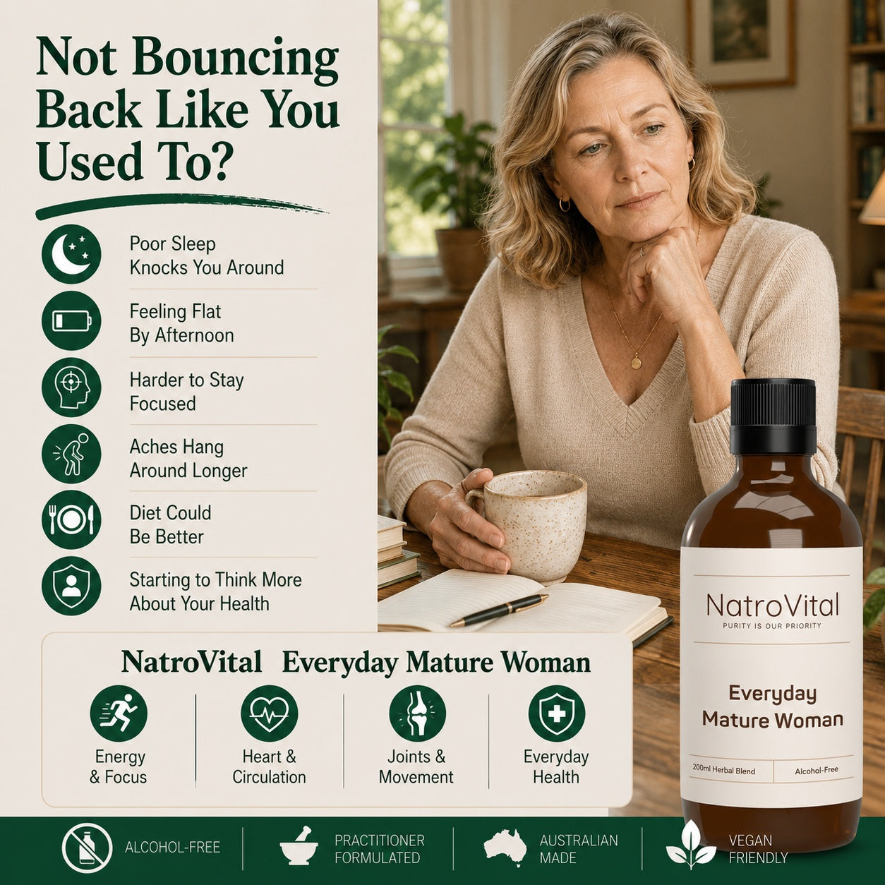 Mature woman sitting at a table looking thoughtful, alongside NatroVital Everyday Mature Woman herbal blend, with benefits for energy, focus, circulation, joints and everyday health.