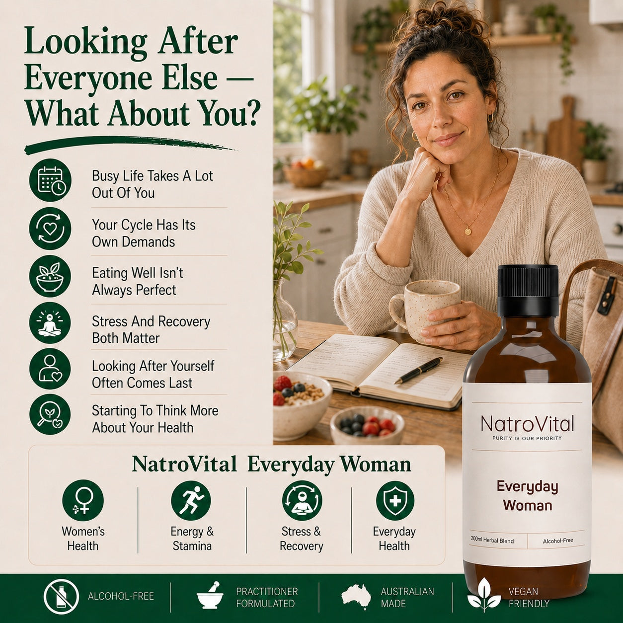 NatroVital Everyday Woman herbal tonic with a healthy woman in a warm kitchen setting, highlighting women’s health, energy and stamina, stress and recovery, and everyday health.