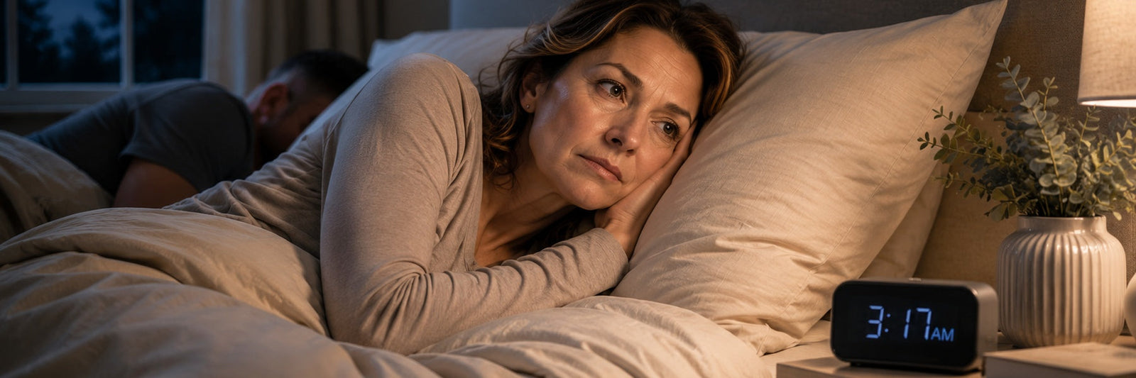 Woman lying awake in bed at 3:17am while her partner sleeps, illustrating night waking and sleep disruption during perimenopause and menopause.