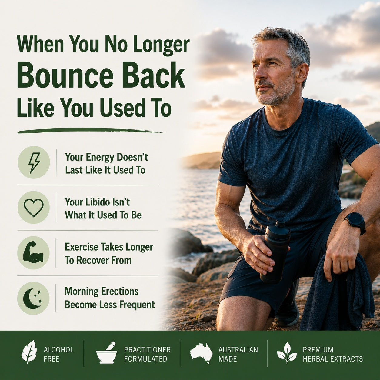 Man sitting on a rock by the water with text about energy decline and lifestyle changes.