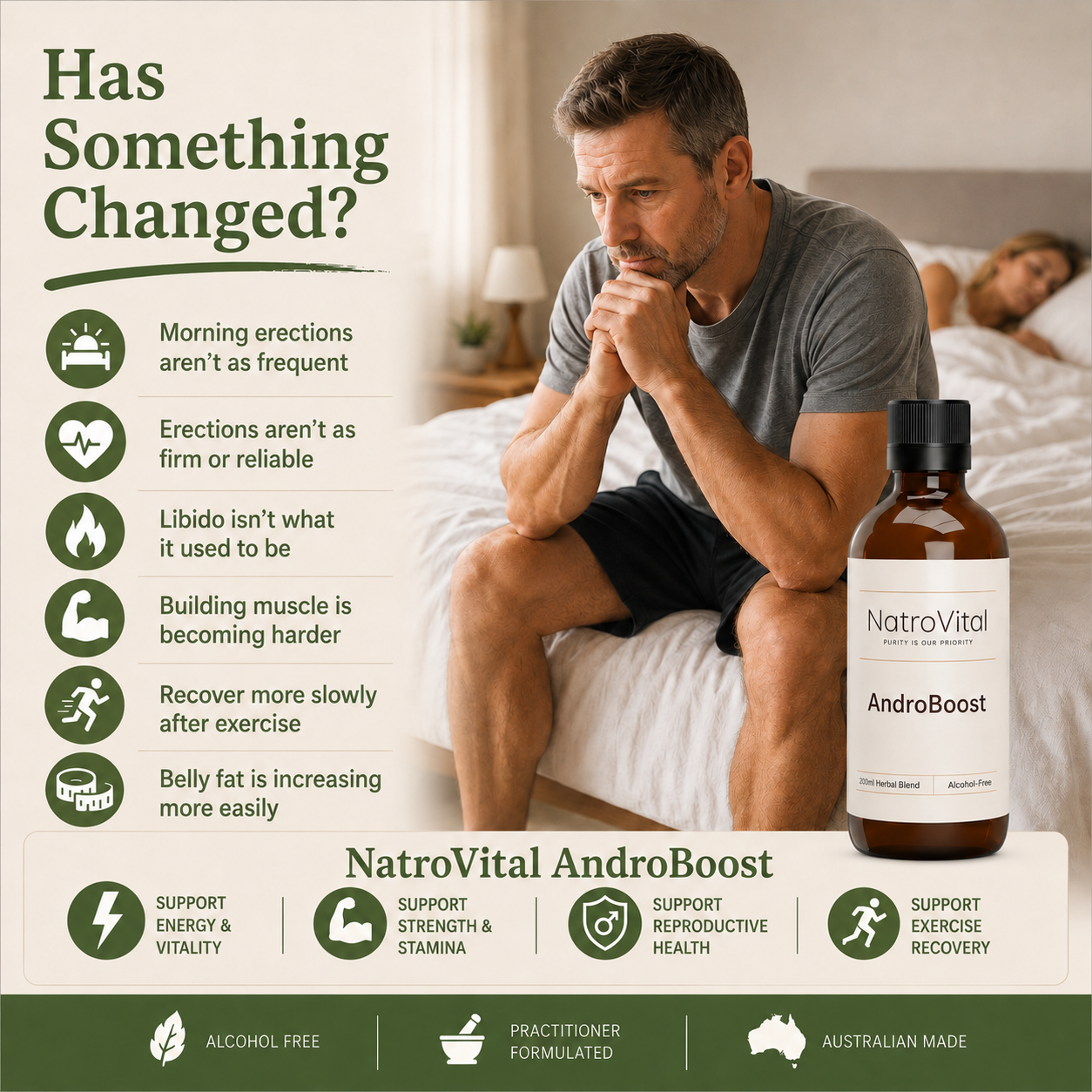 Advertisement for NatroVital AndroBoost supplement with a man sitting on a bed and product displayed.