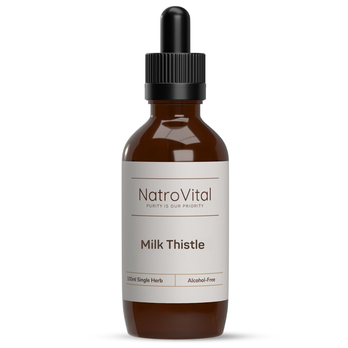 An amber glass dropper bottle of NatroVital Milk Thistle with a black dropper cap and a white label, shown on a clean white background.
