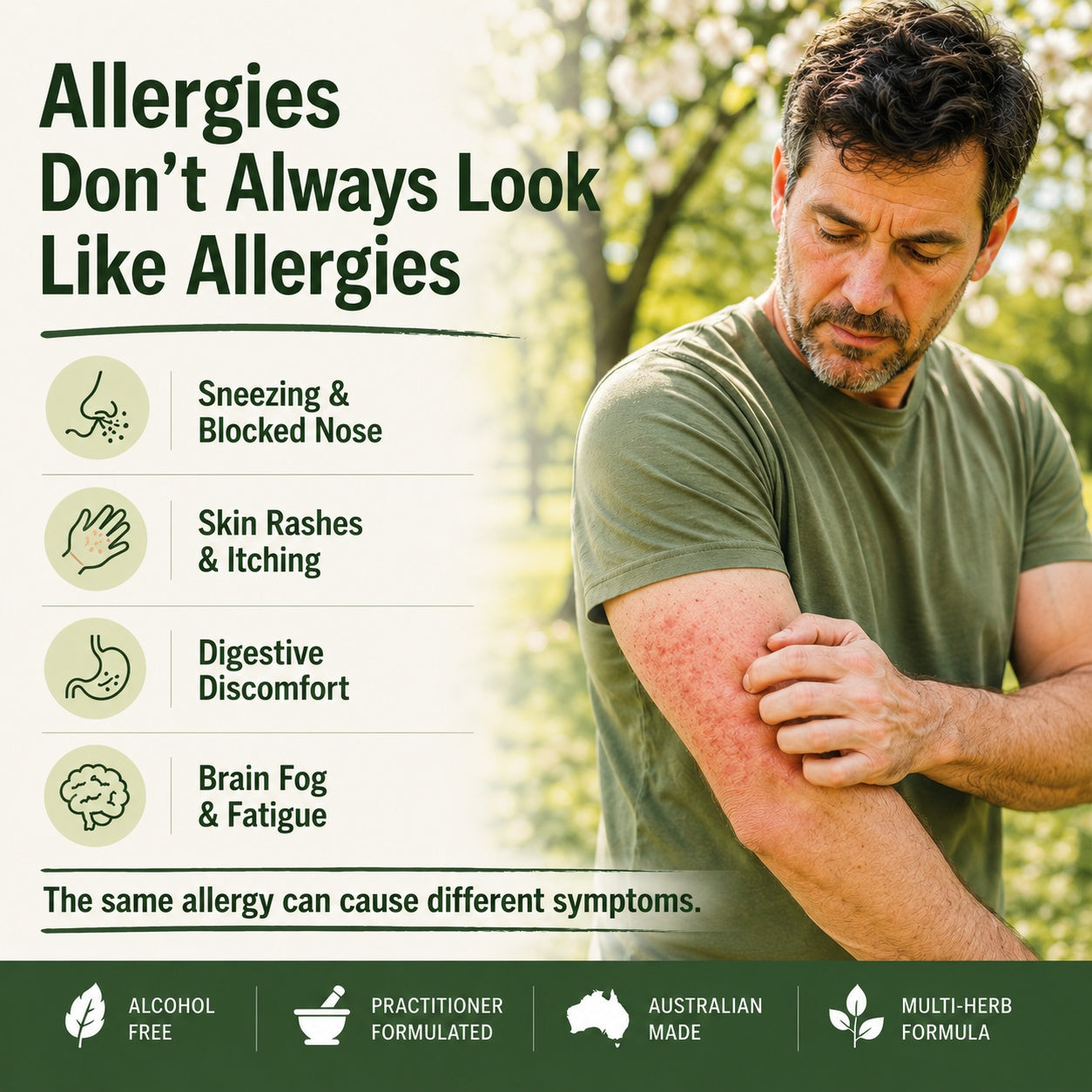 Man with skin rash outdoors, with text about allergy symptoms