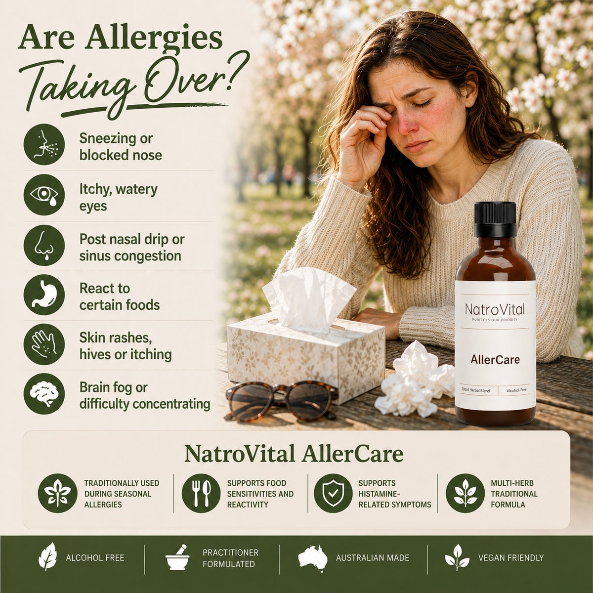 Woman with allergies sitting outdoors next to a bottle of NatroVital AllerCare supplement.