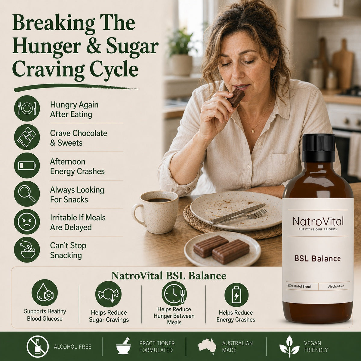 Promotional graphic for NatroVital BSL Balance, showing a woman snacking on chocolate at a table alongside the product bottle, with text detailing benefits of breaking the hunger and sugar craving cycle.