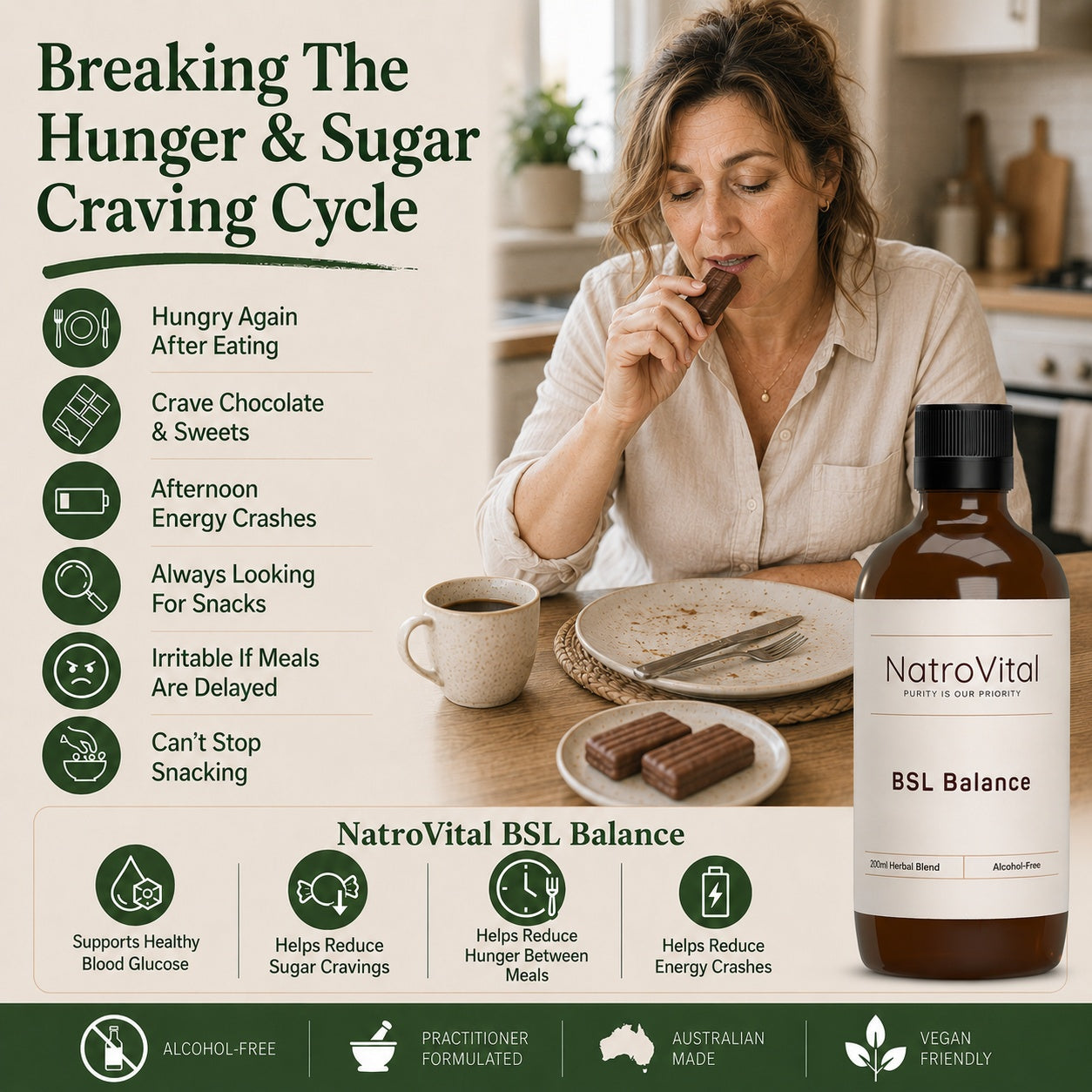Promotional graphic for NatroVital BSL Balance, showing a woman snacking on chocolate at a table alongside the product bottle, with text detailing benefits of breaking the hunger and sugar craving cycle.
