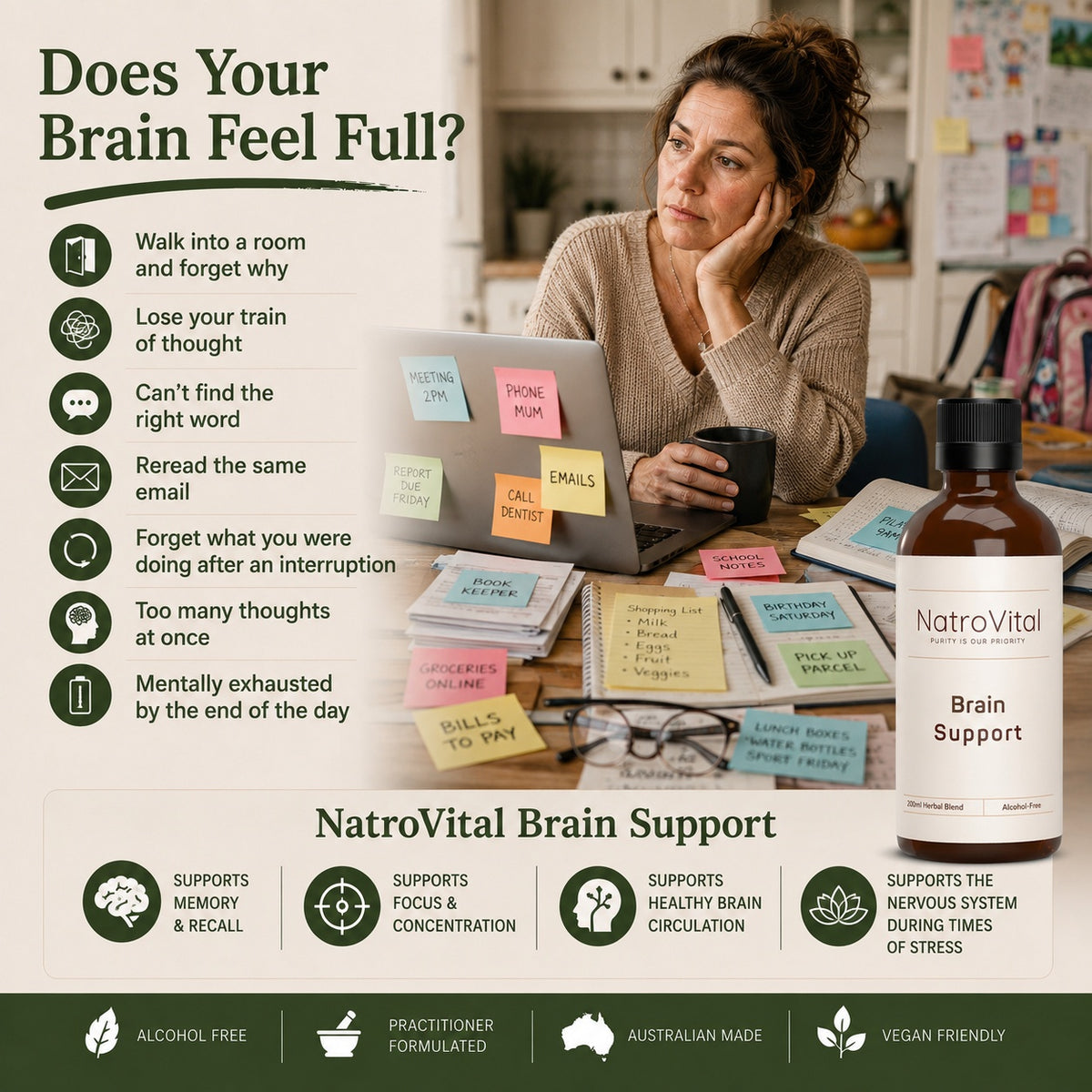 An informational marketing graphic for NatroVital Brain Support. The top half features a woman looking stressed at a desk with sticky notes and a laptop, with text listing common brain fog symptoms.