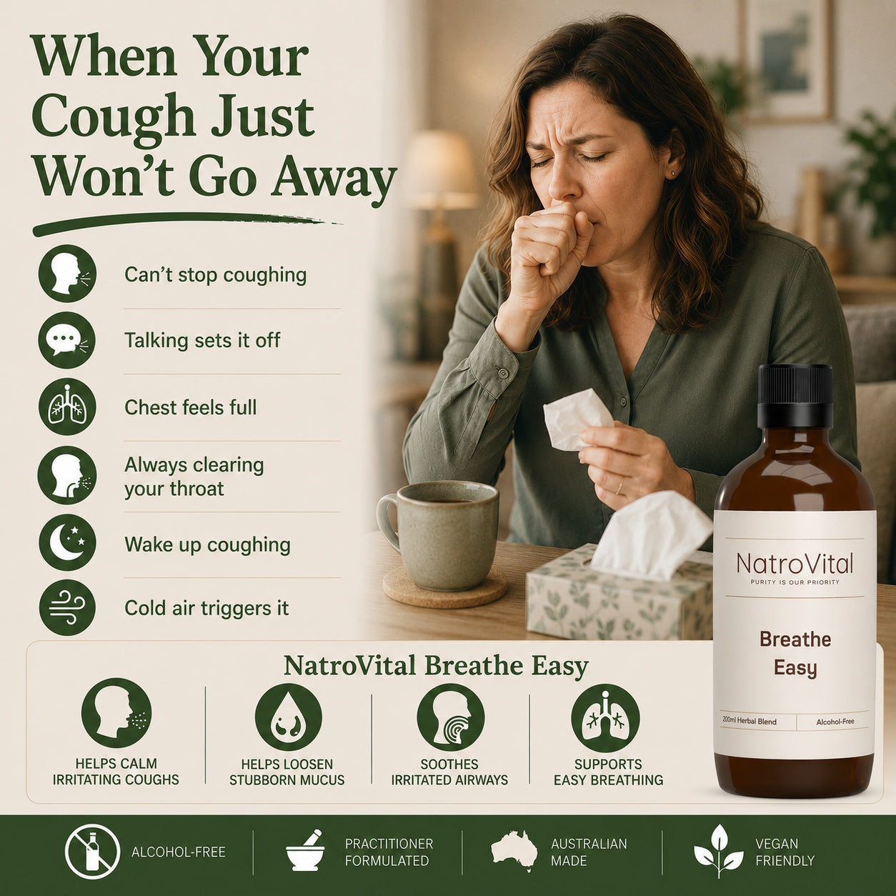 Promotional graphic for NatroVital Breathe Easy cough relief. The left side features a list of cough symptoms with icons, while the right side shows a woman coughing into a tissue next to a brown bottle of NatroVital Breathe Easy.