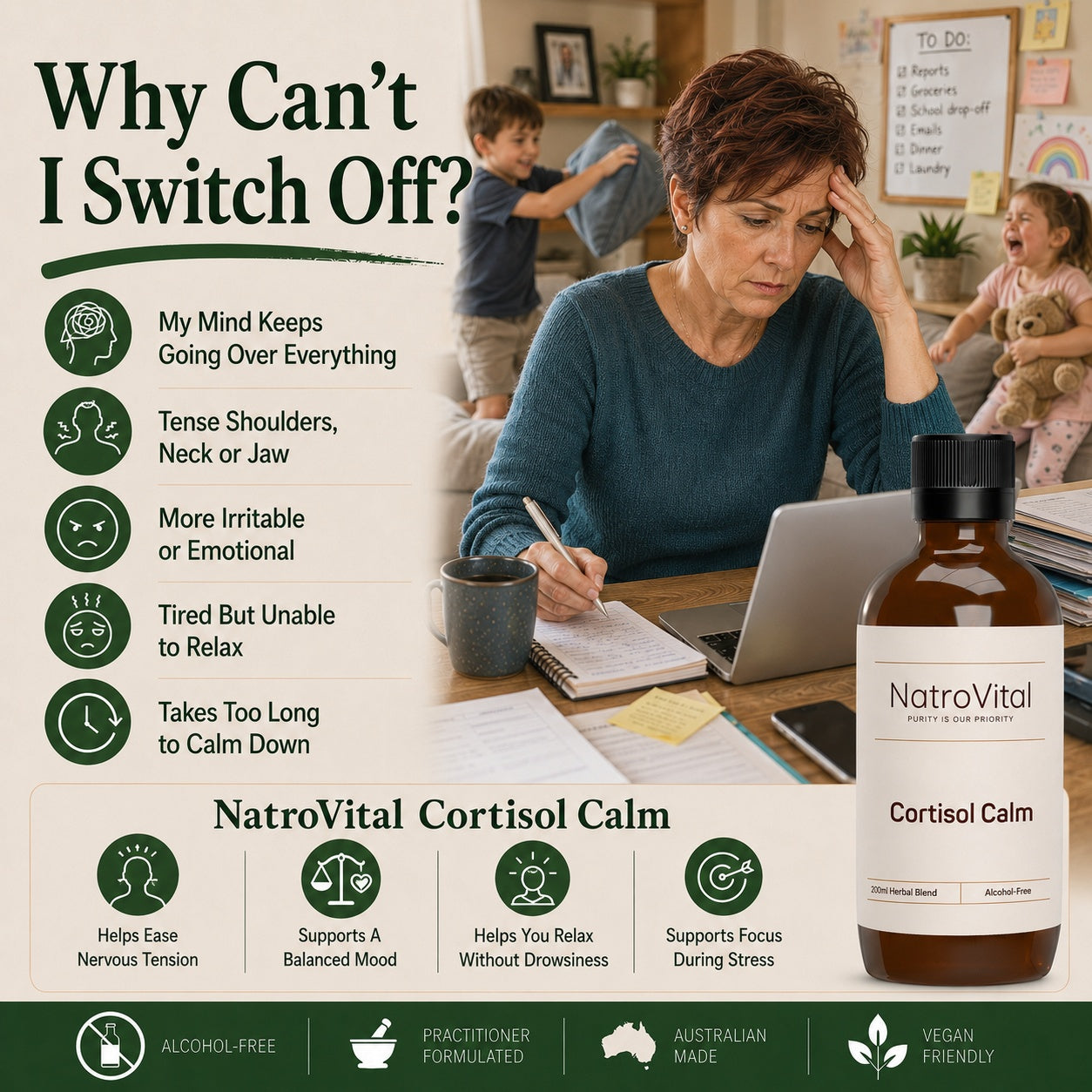 Promotional graphic for NatroVital Cortisol Calm featuring a woman at a desk looking stressed, with a bottle of the supplement in the foreground and text listing common cortisol-related symptoms on a beige background.