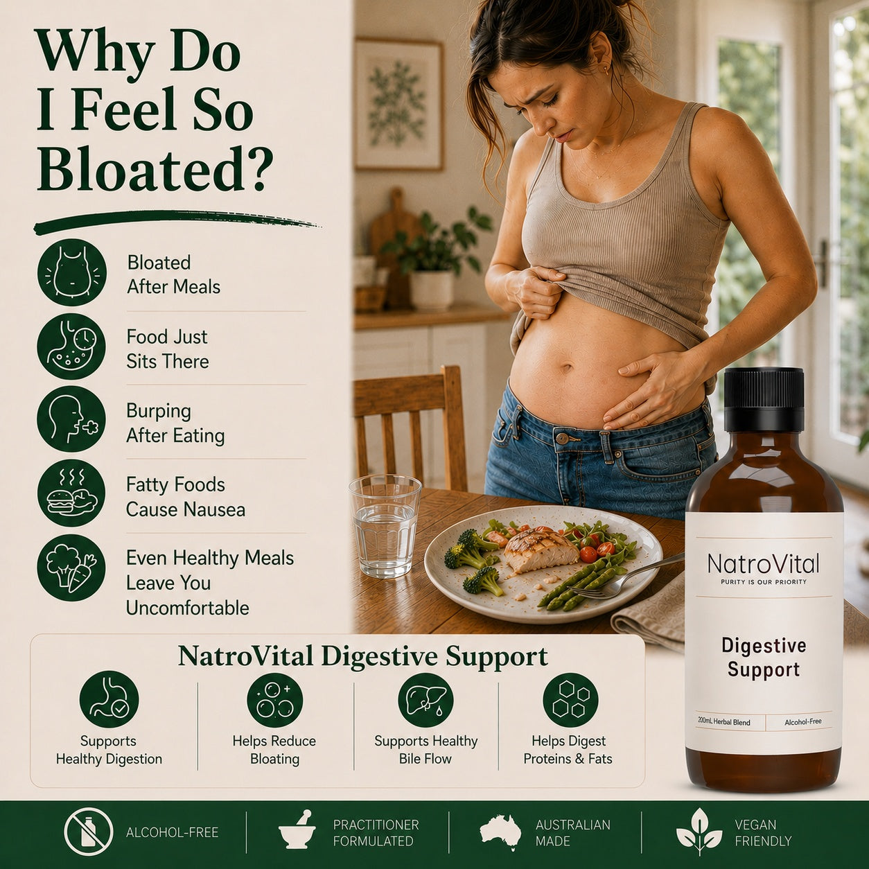 Illustration of a woman experiencing bloating after eating with common digestive symptoms including bloating after meals, food sitting heavily, burping, nausea after fatty foods and discomfort after healthy meals, alongside NatroVital Digestive Support herbal tonic.
