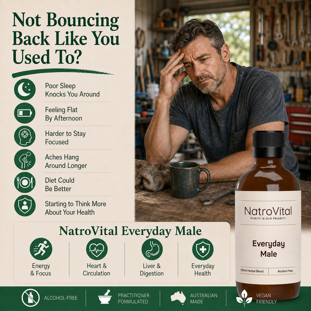Middle-aged man looking tired after a day’s work, alongside NatroVital Everyday Male, an alcohol-free herbal tonic supporting energy, focus, heart, circulation, liver, digestion and everyday health.