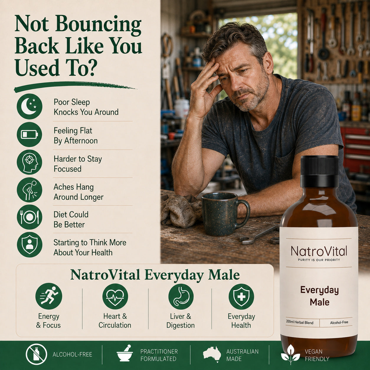 Middle-aged man looking tired after a day’s work, alongside NatroVital Everyday Male, an alcohol-free herbal tonic supporting energy, focus, heart, circulation, liver, digestion and everyday health.